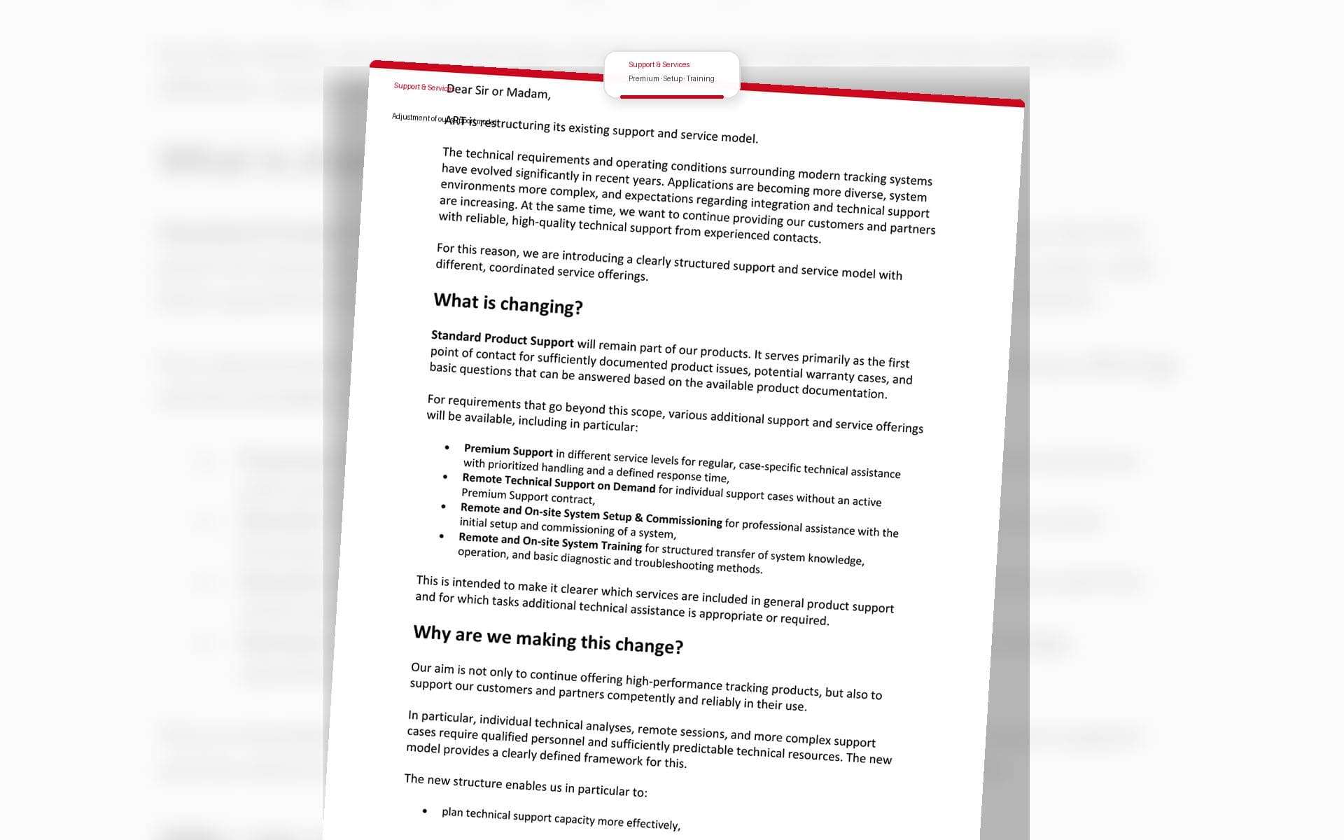 Support & services — announcement letter on the new service model with red letterhead