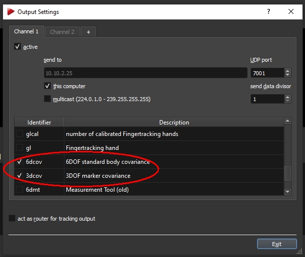 DTRACK menu Tracking → Output: 6DOF and 3DOF covariance output options
